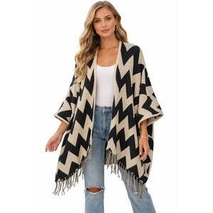 Fate Cream & Black Chevron Open Front Fringe Cardigan Women’s Size Large